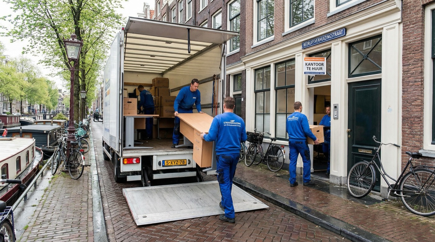 Verhuisteam laadt kantoormeubilair in vrachtwagen aan Amsterdamse gracht