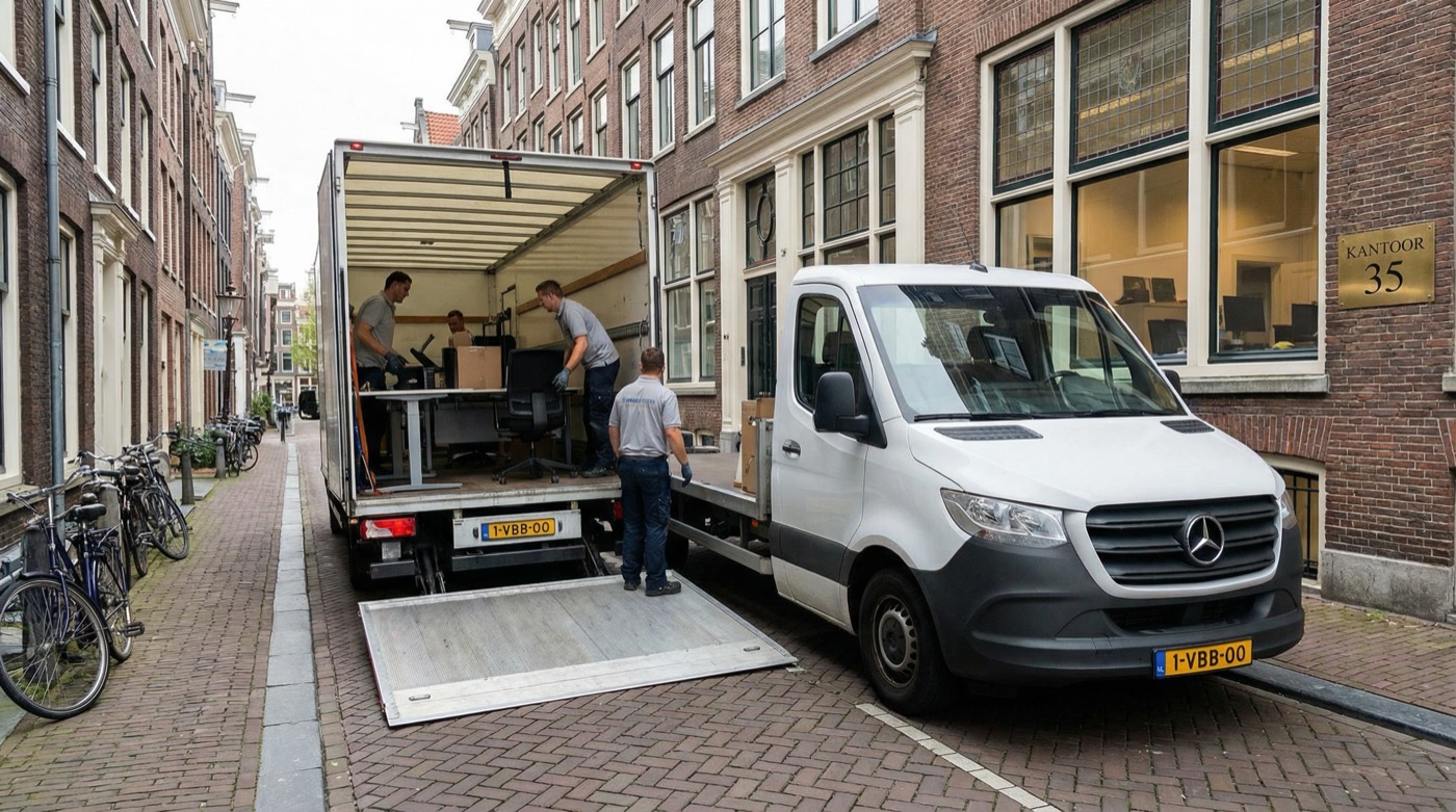 Verhuiswagen wordt geladen bij kantoorpand