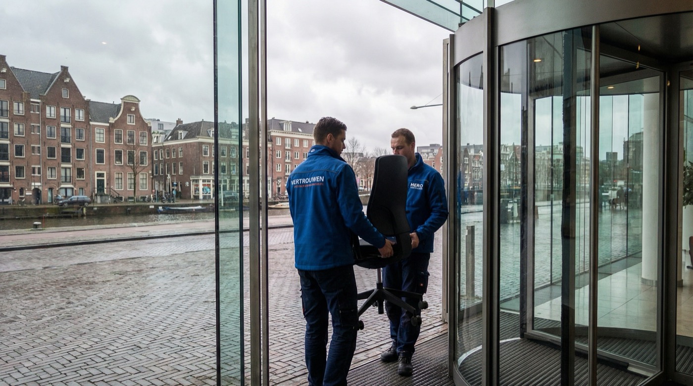 Verhuizers dragen bureaustoel door draaideur in Amsterdam