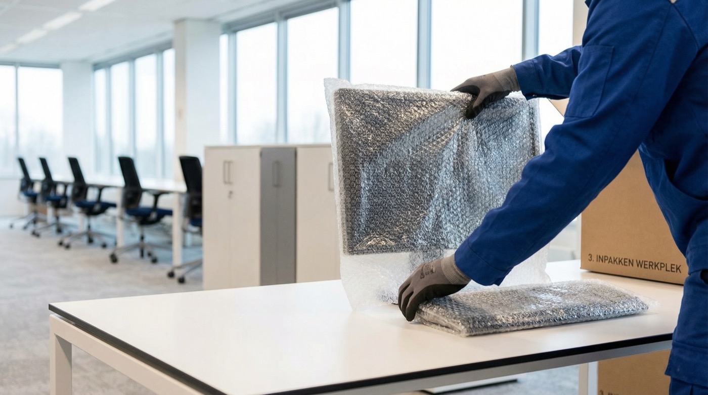 Medewerker verpakt monitor met bubbeltjesfolie