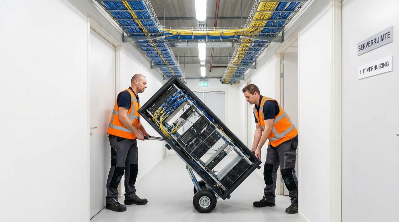 Specialisten verplaatsen serverrack bij IT-verhuizing