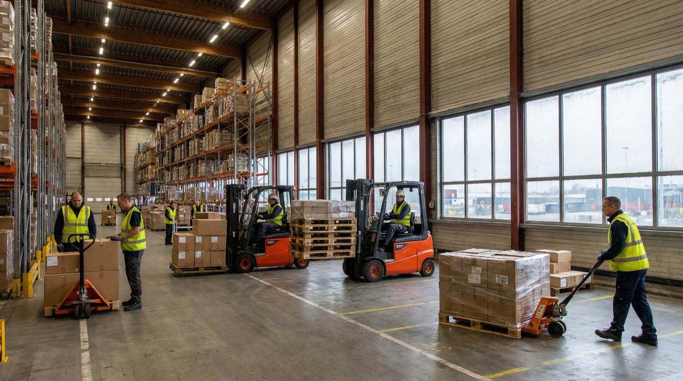 Magazijnmedewerkers met heftrucks bij magazijnverhuizing
