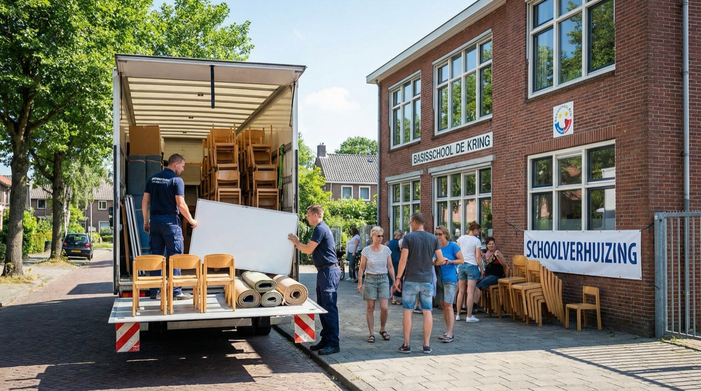 Verhuizers laden schoolmeubilair bij basisschool
