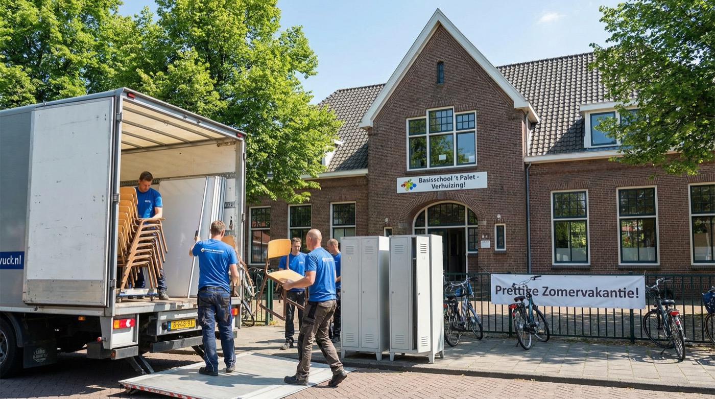 Verhuizers laden meubilair bij Basisschool 't Palet