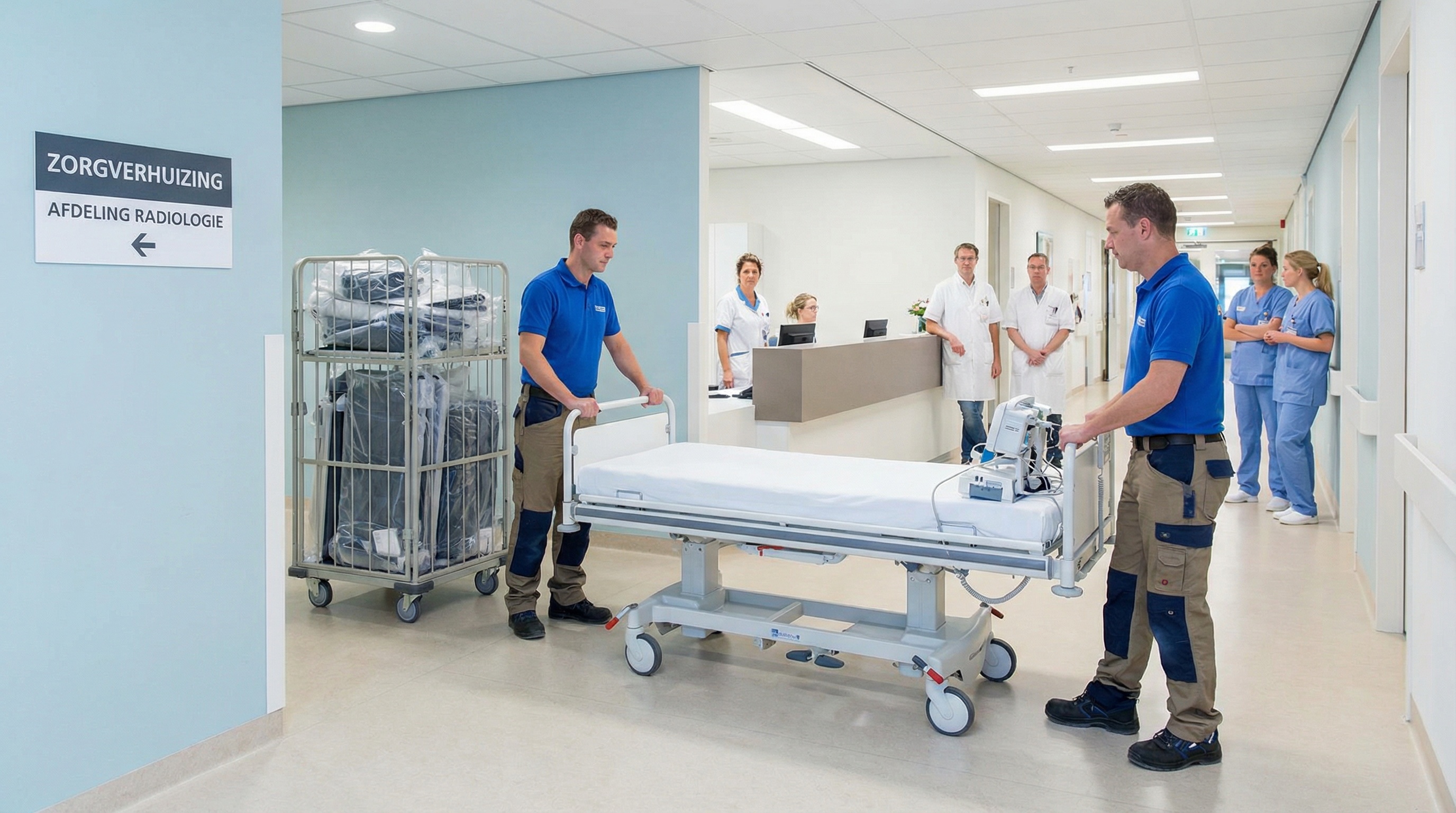 Verhuizers verplaatsen ziekenhuisbed en medische apparatuur